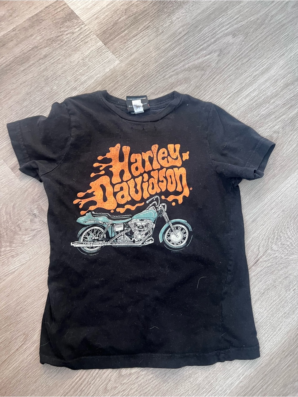 Harley-Davidson Black Tee with Orange Logo and Teal Motorcycle